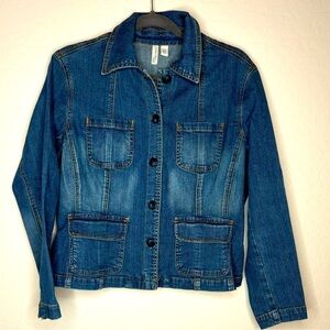 St John's Bay Women's Blue Stretch Front Pockets Long Sleeve Denim Jacket Sz LP